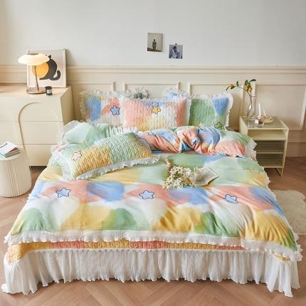 宜凡2022秋冬新款A类牛奶绒印花花边床盖三四件套 梦幻星星