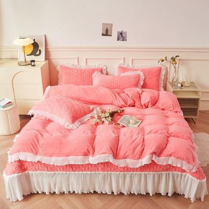 宜凡2022秋冬新款A类牛奶绒印花花边床盖三四件套 西瓜红