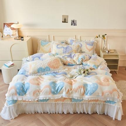 宜凡2022秋冬新款A类牛奶绒印花花边床盖三四件套 心动时刻