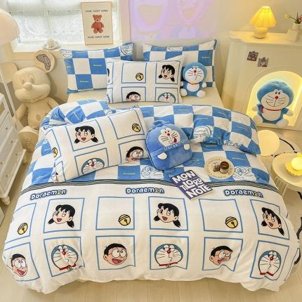 桃子家居 2022新款正版授权卡通加厚牛奶绒系列四件套 绒哆啦A梦-蓝色棋盘叮当