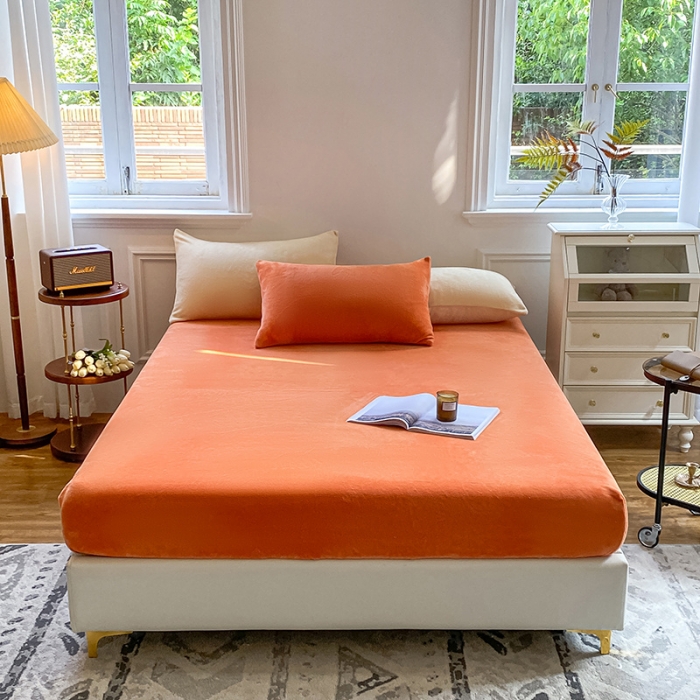 91家纺网 家纺一手货源 找家纺 吾诺 2022新款牛奶绒单品床笠 彩虹橙