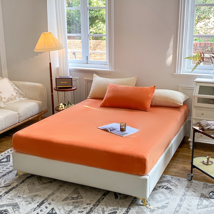 91家纺网 家纺一手货源 找家纺 吾诺 2022新款牛奶绒单品床笠 彩虹橙