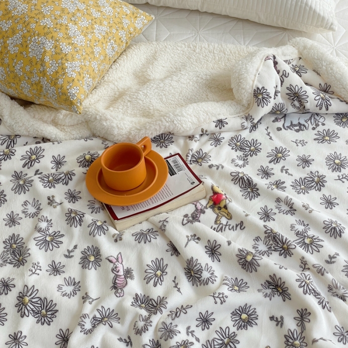 91家纺网 家纺一手货源 找家纺 时年 2022新款牛奶绒拼羊羔绒毯 郊游维尼