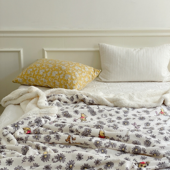 91家纺网 家纺一手货源 找家纺 时年 2022新款牛奶绒拼羊羔绒毯 郊游维尼