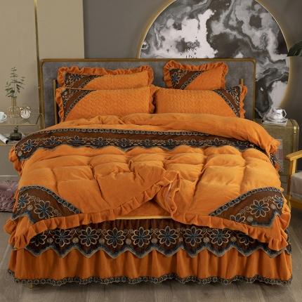 91家纺网 家纺一手货源 找家纺 木兰花220克保暖加厚牛奶绒蕾丝刺绣夹棉床裙款四件套爱玛橙