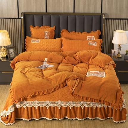 木兰花220克保暖加厚牛奶绒蕾丝刺绣夹棉床裙款四件套千鸟格橘