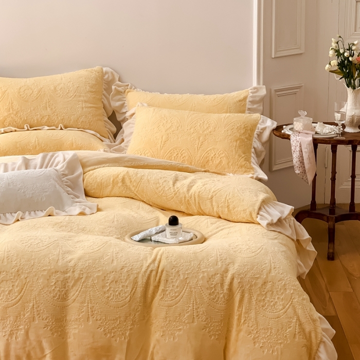 91家纺网 家纺一手货源 找家纺 馨蕊2022新款秋冬轻奢煦暖绒系列四件套-克拉 克拉-柠檬黄