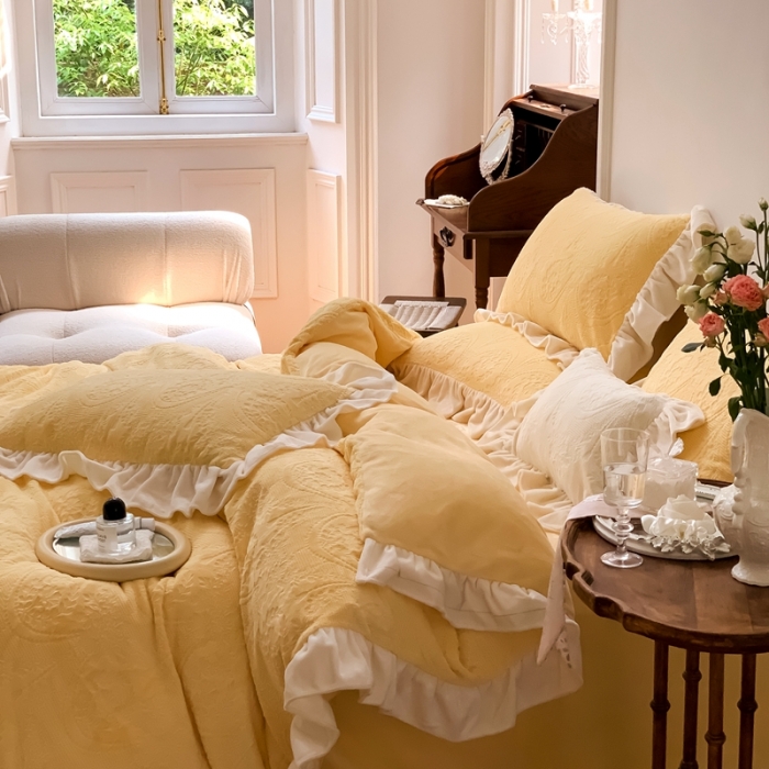 91家纺网 家纺一手货源 找家纺 馨蕊2022新款秋冬轻奢煦暖绒系列四件套-克拉 克拉-柠檬黄