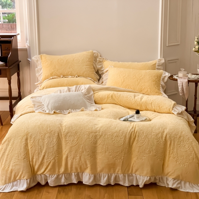 91家纺网 家纺一手货源 找家纺 馨蕊2022新款秋冬轻奢煦暖绒系列四件套-克拉 克拉-柠檬黄