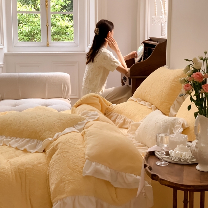 91家纺网 家纺一手货源 找家纺 馨蕊2022新款秋冬轻奢煦暖绒系列四件套-克拉 克拉-柠檬黄