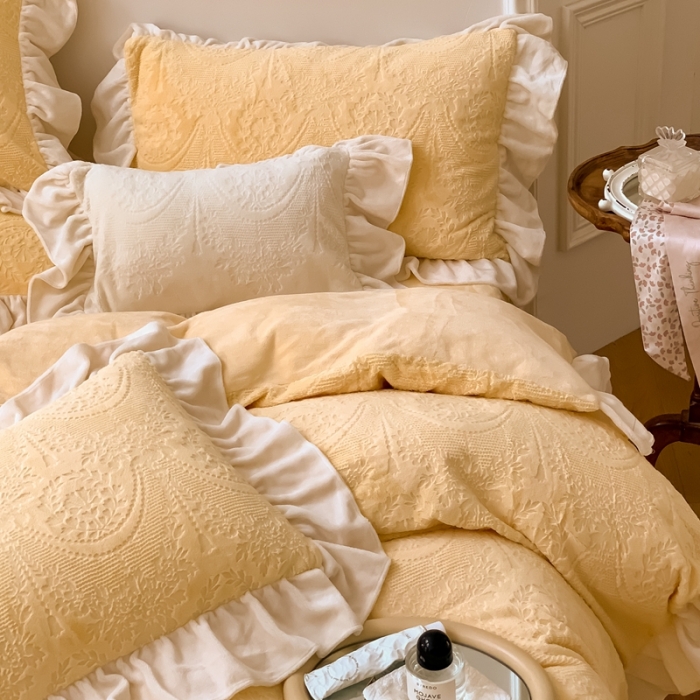 91家纺网 家纺一手货源 找家纺 馨蕊2022新款秋冬轻奢煦暖绒系列四件套-克拉 克拉-柠檬黄