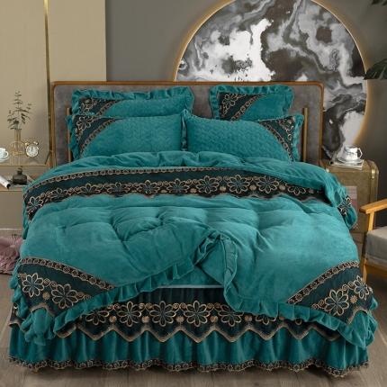 木兰花 220克保暖加厚牛奶绒蕾丝刺绣夹棉床裙款四件套祖母绿