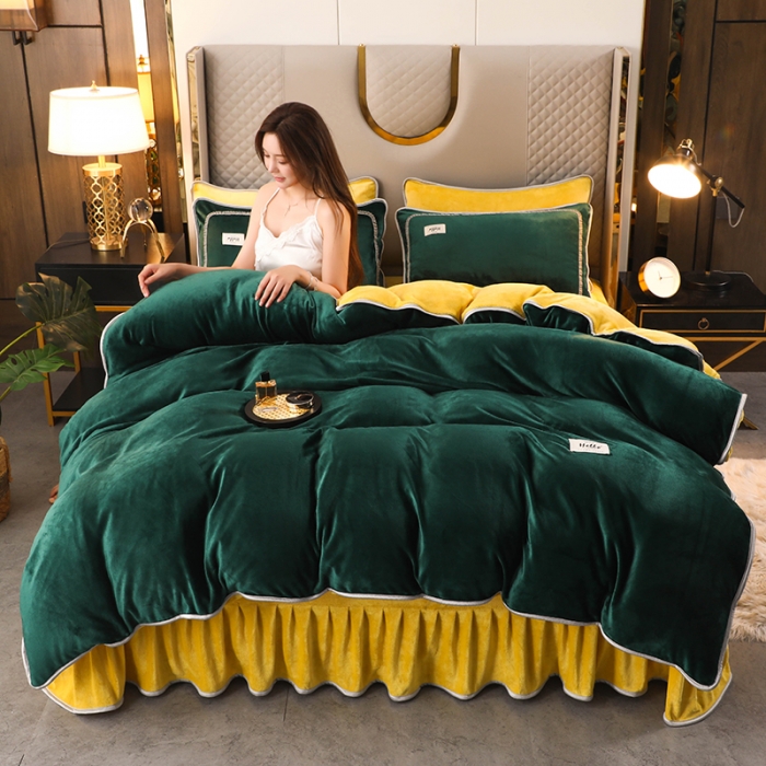 91家纺网 家纺一手货源 找家纺 畅畅家纺 2022新款纯色双拼加厚牛奶绒四件套 玛瑙绿拼色