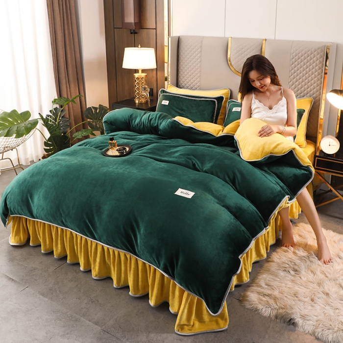 91家纺网 家纺一手货源 找家纺 畅畅家纺 2022新款纯色双拼加厚牛奶绒四件套 玛瑙绿拼色
