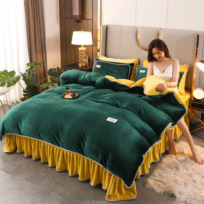 91家纺网 家纺一手货源 找家纺 畅畅家纺 2022新款纯色双拼加厚牛奶绒四件套 玛瑙绿拼色