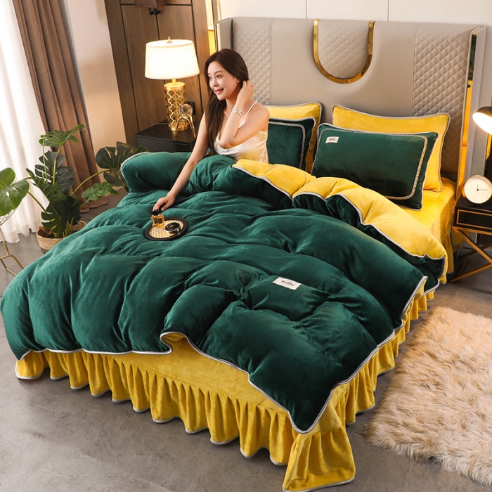 91家纺网 家纺一手货源 找家纺 畅畅家纺 2022新款纯色双拼加厚牛奶绒四件套 玛瑙绿拼色