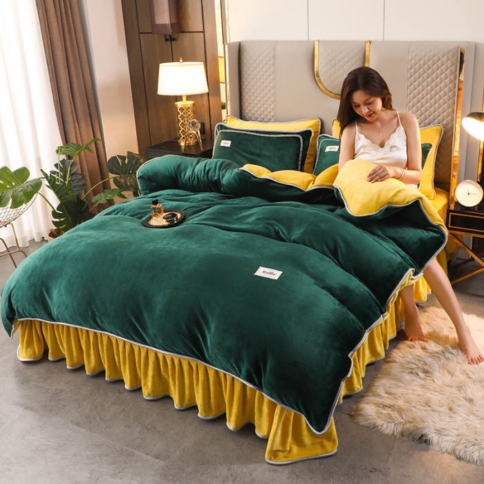 91家纺网 家纺一手货源 找家纺 畅畅家纺 2022新款纯色双拼加厚牛奶绒四件套 玛瑙绿拼色