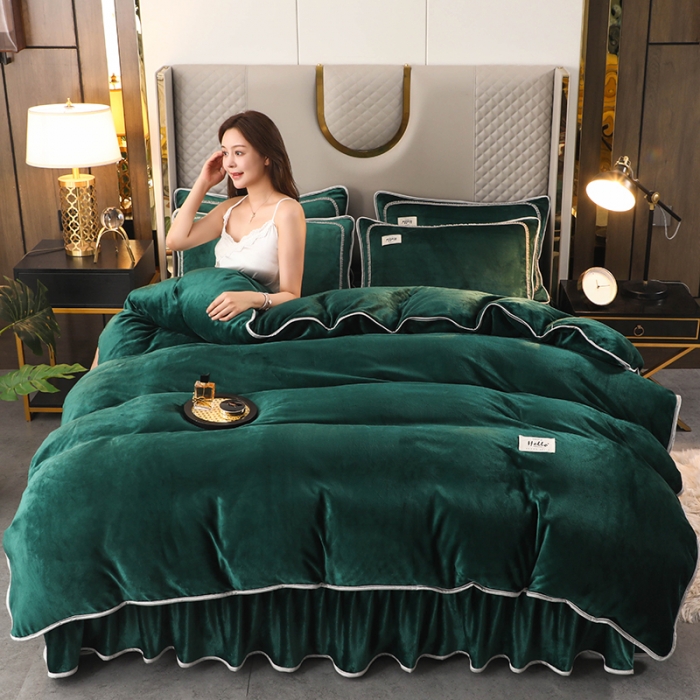 91家纺网 家纺一手货源 找家纺 畅畅家纺 2022新款纯色双拼加厚牛奶绒四件套 玛瑙绿纯色