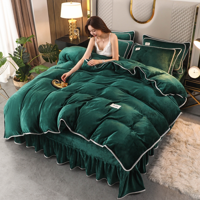 91家纺网 家纺一手货源 找家纺 畅畅家纺 2022新款纯色双拼加厚牛奶绒四件套 玛瑙绿纯色