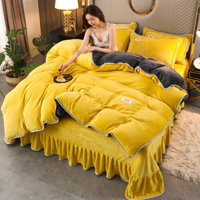 91家纺网 家纺一手货源 找家纺 畅畅家纺 2022新款纯色双拼加厚牛奶绒四件套 柠檬黄拼色1