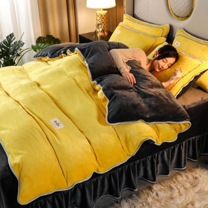 91家纺网 家纺一手货源 找家纺 畅畅家纺 2022新款纯色双拼加厚牛奶绒四件套 柠檬黄拼色2