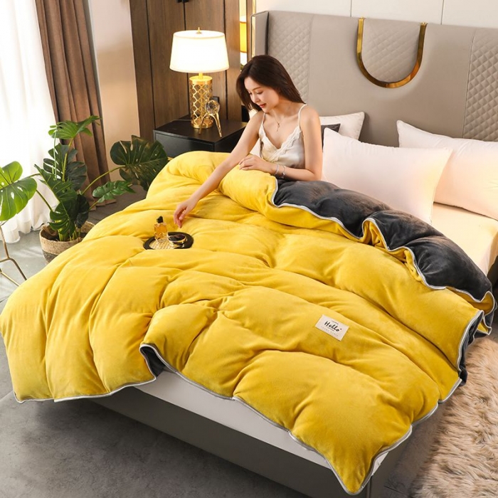 91家纺网 家纺一手货源 找家纺 畅畅家纺 2022新款纯色双拼加厚牛奶绒四件套 柠檬黄拼色2