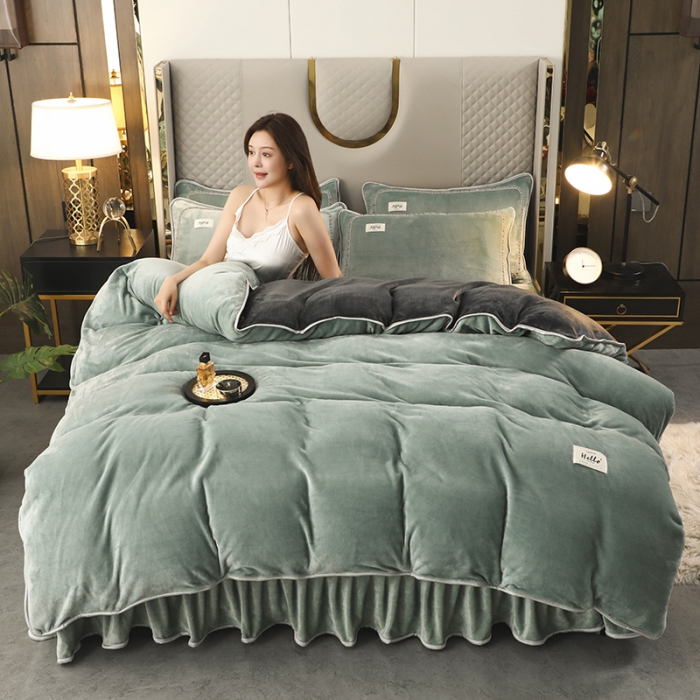 91家纺网 家纺一手货源 找家纺 畅畅家纺 2022新款纯色双拼加厚牛奶绒四件套 摩卡拼色1