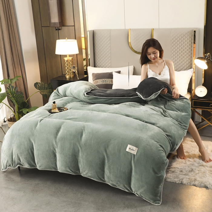 91家纺网 家纺一手货源 找家纺 畅畅家纺 2022新款纯色双拼加厚牛奶绒四件套 摩卡拼色1