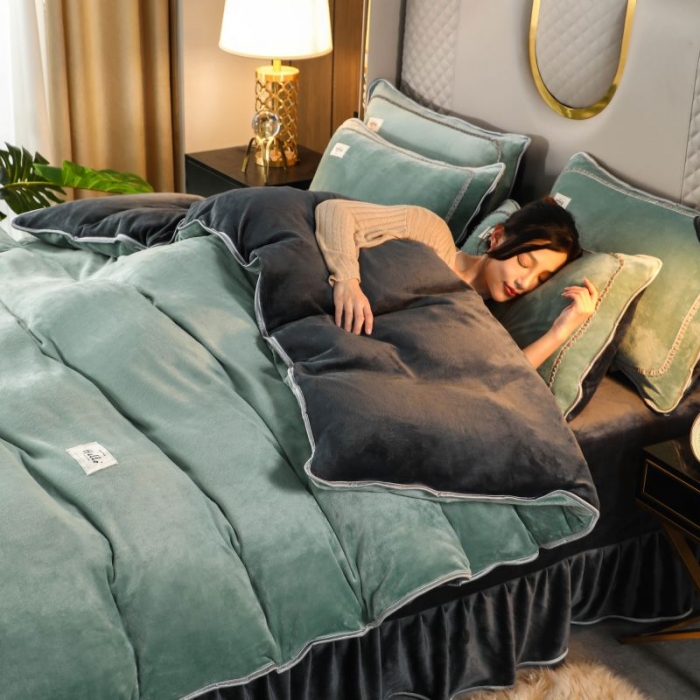 91家纺网 家纺一手货源 找家纺 畅畅家纺 2022新款纯色双拼加厚牛奶绒四件套 摩卡拼色2