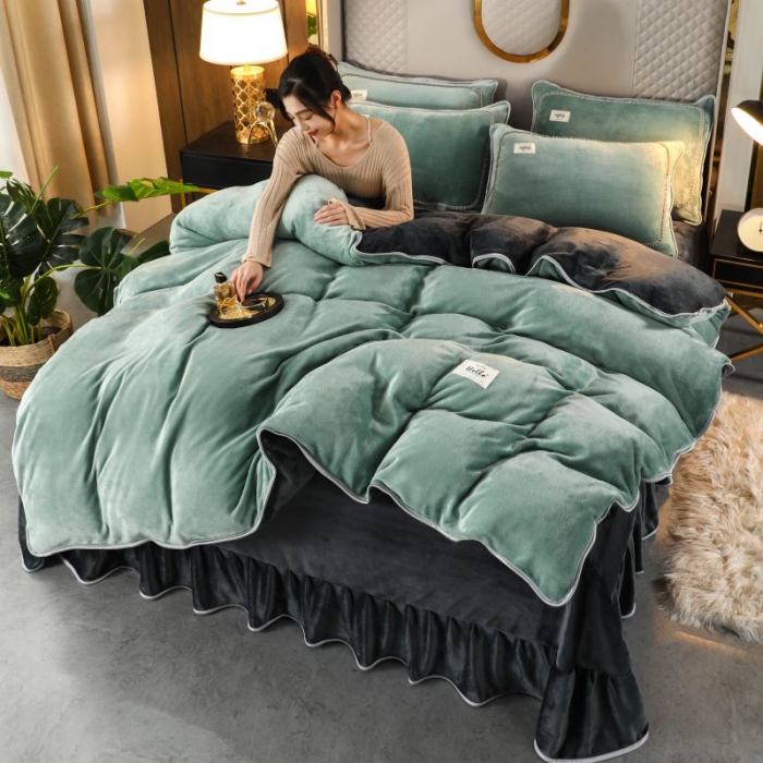 91家纺网 家纺一手货源 找家纺 畅畅家纺 2022新款纯色双拼加厚牛奶绒四件套 摩卡拼色2