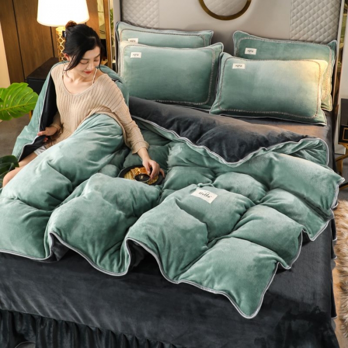 91家纺网 家纺一手货源 找家纺 畅畅家纺 2022新款纯色双拼加厚牛奶绒四件套 摩卡拼色2