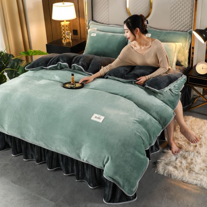 91家纺网 家纺一手货源 找家纺 畅畅家纺 2022新款纯色双拼加厚牛奶绒四件套 摩卡拼色2