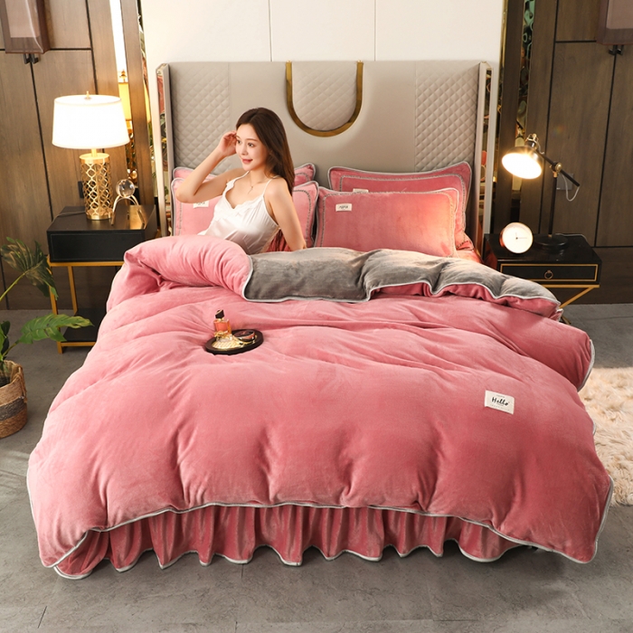 91家纺网 家纺一手货源 找家纺 畅畅家纺 2022新款纯色双拼加厚牛奶绒四件套 胭脂拼色1