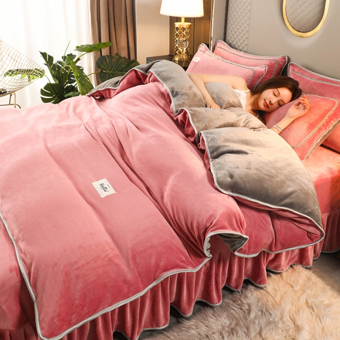 91家纺网 家纺一手货源 找家纺 畅畅家纺 2022新款纯色双拼加厚牛奶绒四件套 胭脂拼色1