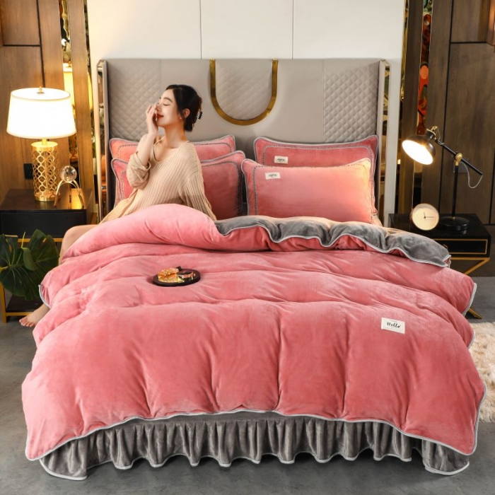 91家纺网 家纺一手货源 找家纺 畅畅家纺 2022新款纯色双拼加厚牛奶绒四件套 胭脂拼色2