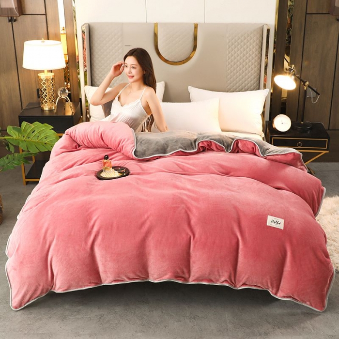 91家纺网 家纺一手货源 找家纺 畅畅家纺 2022新款纯色双拼加厚牛奶绒四件套 胭脂拼色2