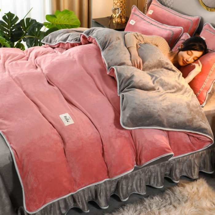 91家纺网 家纺一手货源 找家纺 畅畅家纺 2022新款纯色双拼加厚牛奶绒四件套 胭脂拼色2