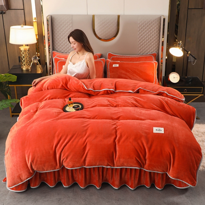 91家纺网 家纺一手货源 找家纺 畅畅家纺 2022新款纯色双拼加厚牛奶绒四件套 橘色纯色