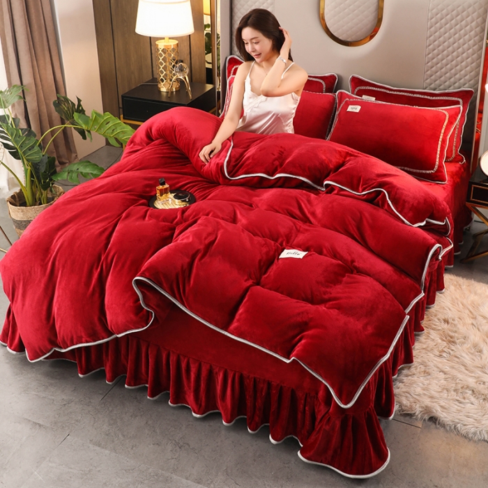 91家纺网 家纺一手货源 找家纺 畅畅家纺 2022新款纯色双拼加厚牛奶绒四件套 酒红纯色