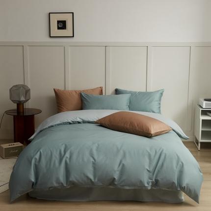 91家纺网 家纺一手货源 找家纺 原研 2022新款100支长绒棉纯色双拼系列四件套 加西亚蓝