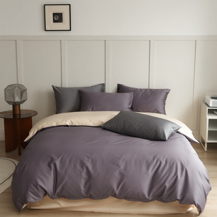 91家纺网 家纺一手货源 找家纺 原研 2022新款100支长绒棉纯色双拼系列四件套 加文紫