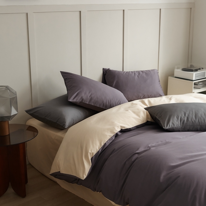 91家纺网 家纺一手货源 找家纺 原研 2022新款100支长绒棉纯色双拼系列四件套 加文紫