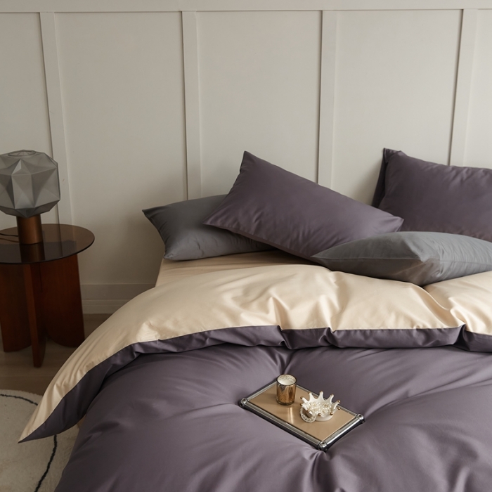 91家纺网 家纺一手货源 找家纺 原研 2022新款100支长绒棉纯色双拼系列四件套 加文紫