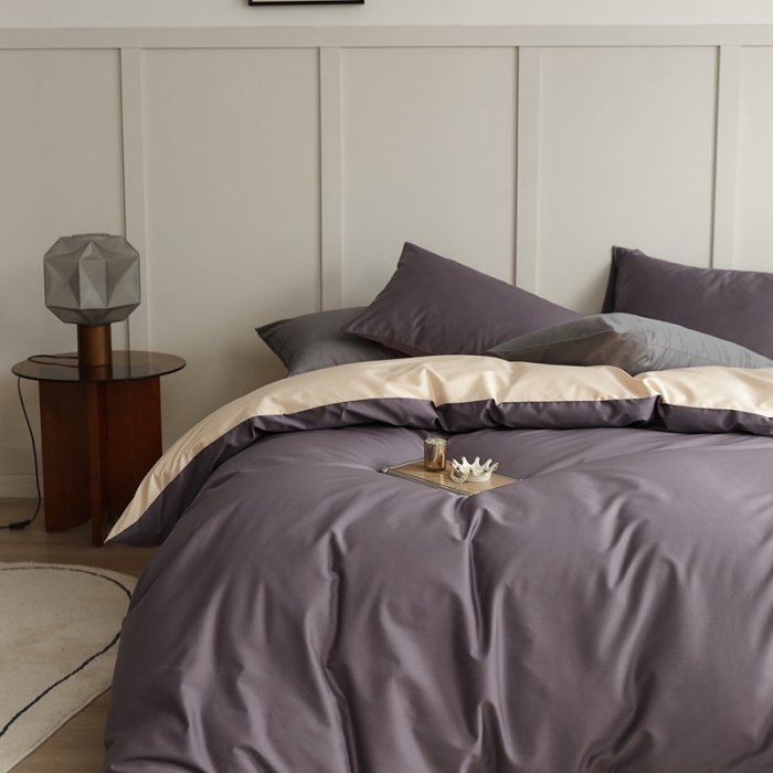 91家纺网 家纺一手货源 找家纺 原研 2022新款100支长绒棉纯色双拼系列四件套 加文紫