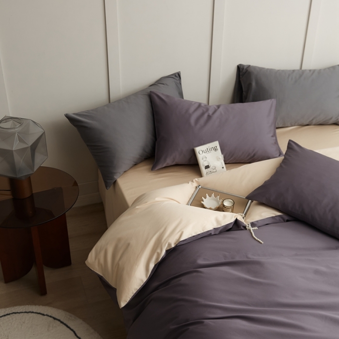 91家纺网 家纺一手货源 找家纺 原研 2022新款100支长绒棉纯色双拼系列四件套 加文紫