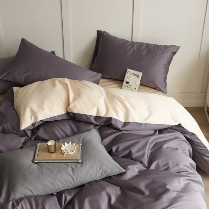 91家纺网 家纺一手货源 找家纺 原研 2022新款100支长绒棉纯色双拼系列四件套 加文紫