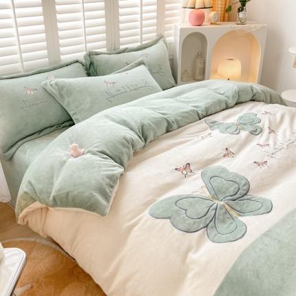 你好美丽刺绣款200克牛奶绒四件套（含买家秀）蝶雨纷飞绿