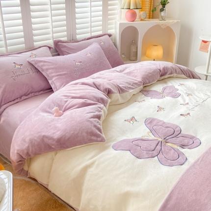 91家纺网 家纺一手货源 找家纺 你好美丽 刺绣款200克牛奶绒四件套（含买家秀）蝶雨纷飞紫