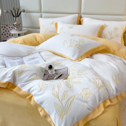 91家纺网 家纺一手货源 找家纺 澳梵家居 2022新款牛奶绒刺绣春风花藻系列四件套 春风花藻-黄