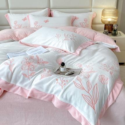 澳梵家居 2022新款牛奶绒刺绣春风花藻系列四件套 春风花藻-粉